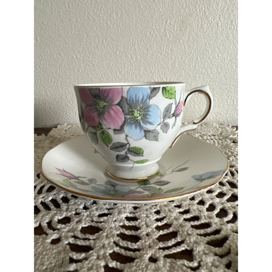 Wild Rose Salisbury Fine Bone China With Blue and Pink Flowers Made in England Teacup & Saucer
