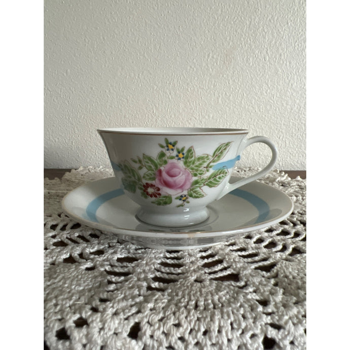 Porcelain Tiffany Blue and Wild Rose Teacup & Saucer Unmarked