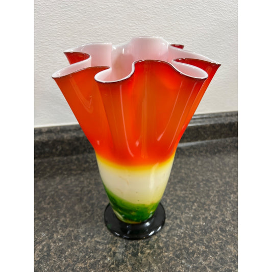 Murano Style Cased Art Glass 12" Multi-color Handkerchief Blown Glass Vase