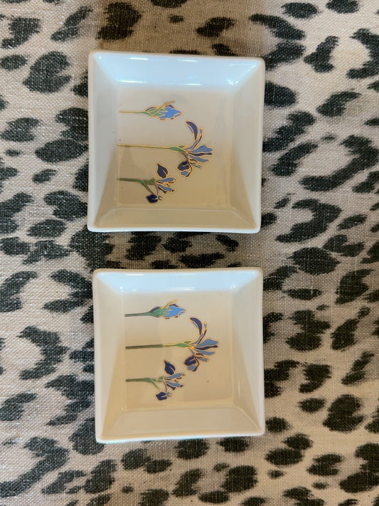 Blue iris square trinket dishes, pair