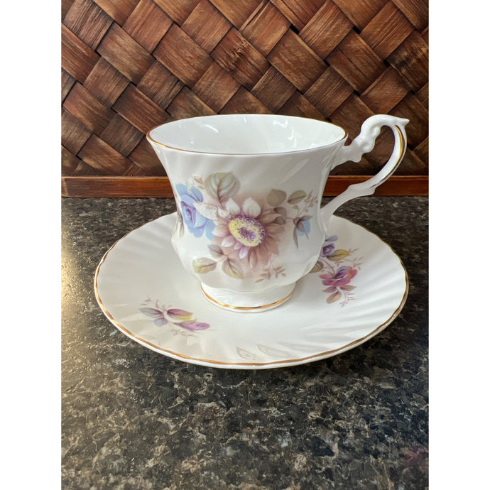 Royal Dover Fine Bone China Teacup and Saucer with Pink, Blue and Green Floral Design with Gold Trim Made in England