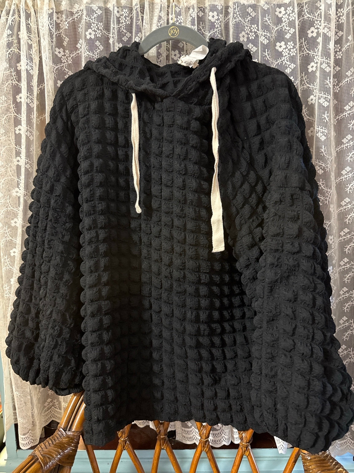 Bibi Black Textured Waffle Knit Hoodie | Oversized Bubble Texture Pullover | XL