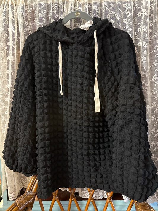 Bibi Black Textured Waffle Knit Hoodie | Oversized Bubble Texture Pullover | XL