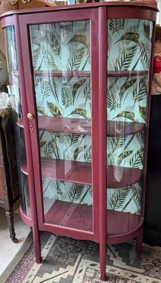 Maroon Painted Art Deco Display Cabinet with Tropical Wallpaper