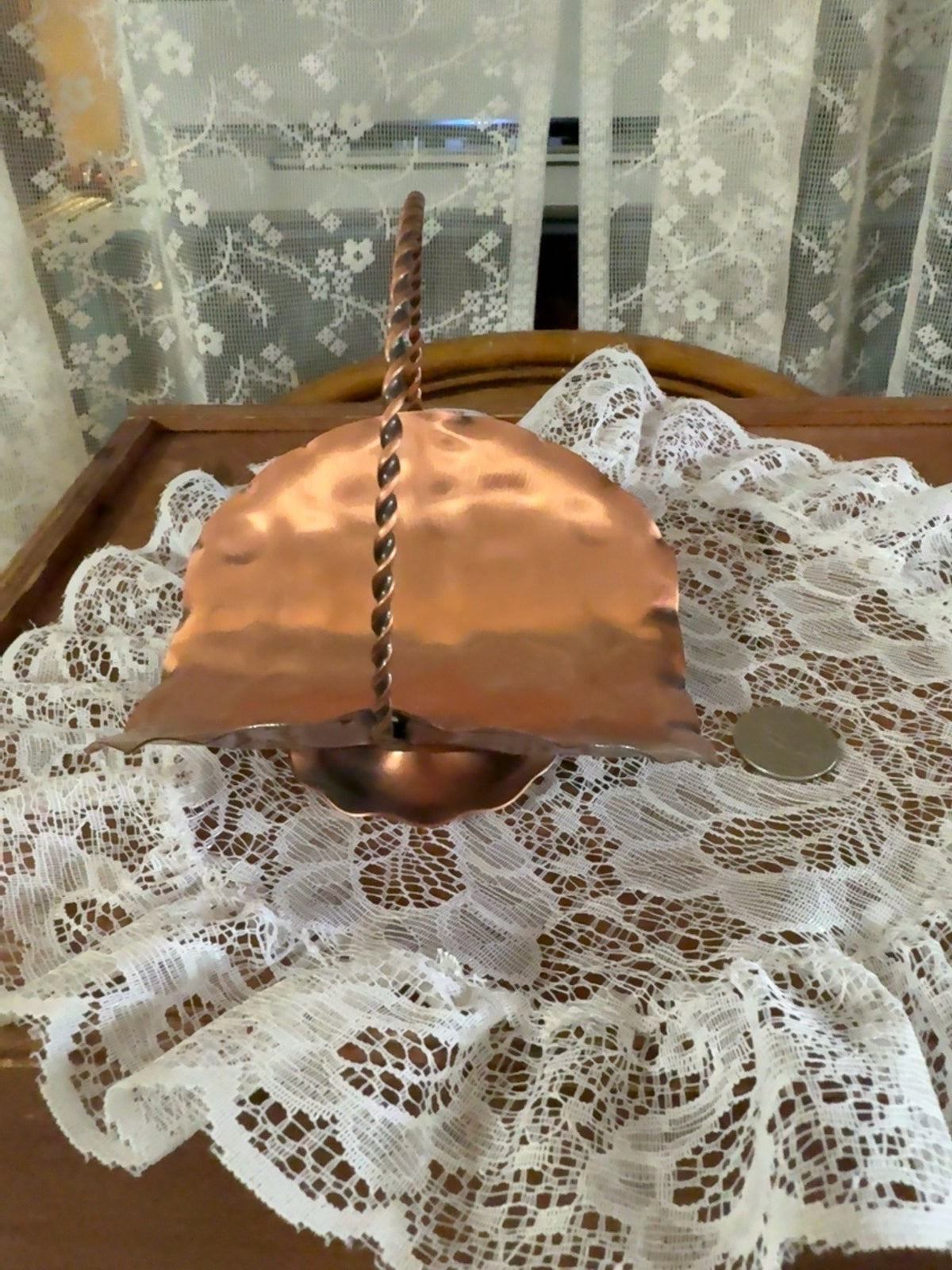 Vintage Hand-Hammered Copper Basket Candle Holder with Twisted Handle