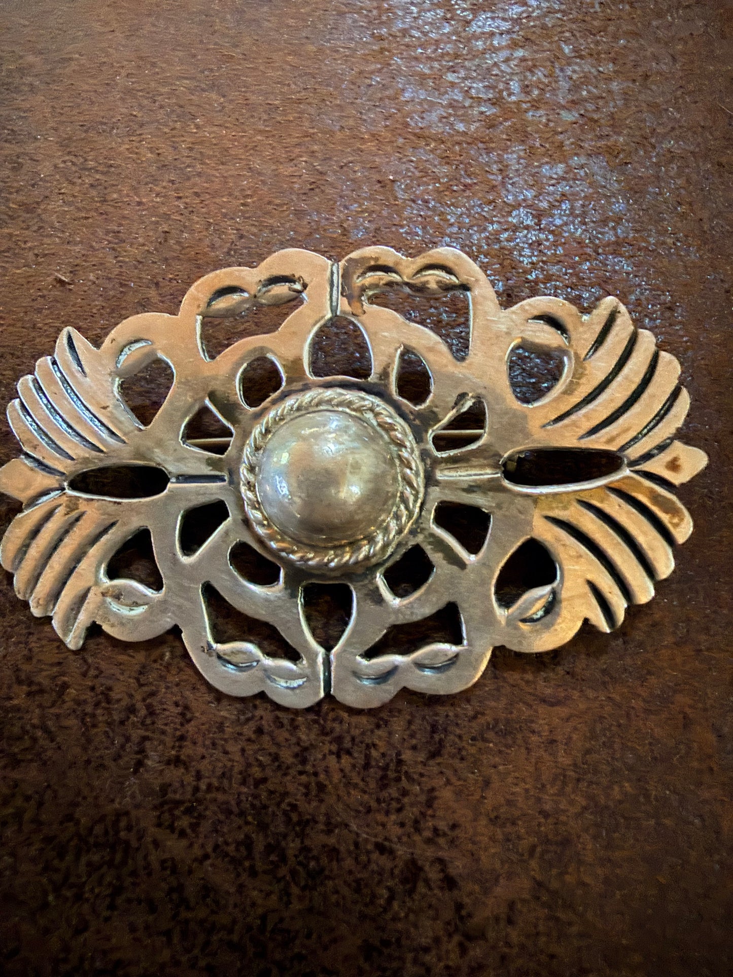 Vintage Taxco 980 Silver Brooch with Stylized Birds and a Central Cabchon