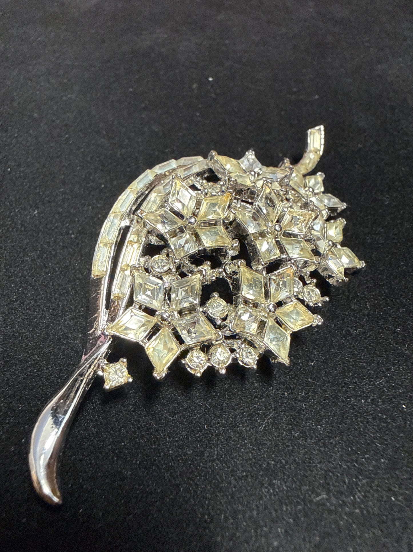 Silver-tone Leaf Brooch with Clear Rhinestones by Trifari