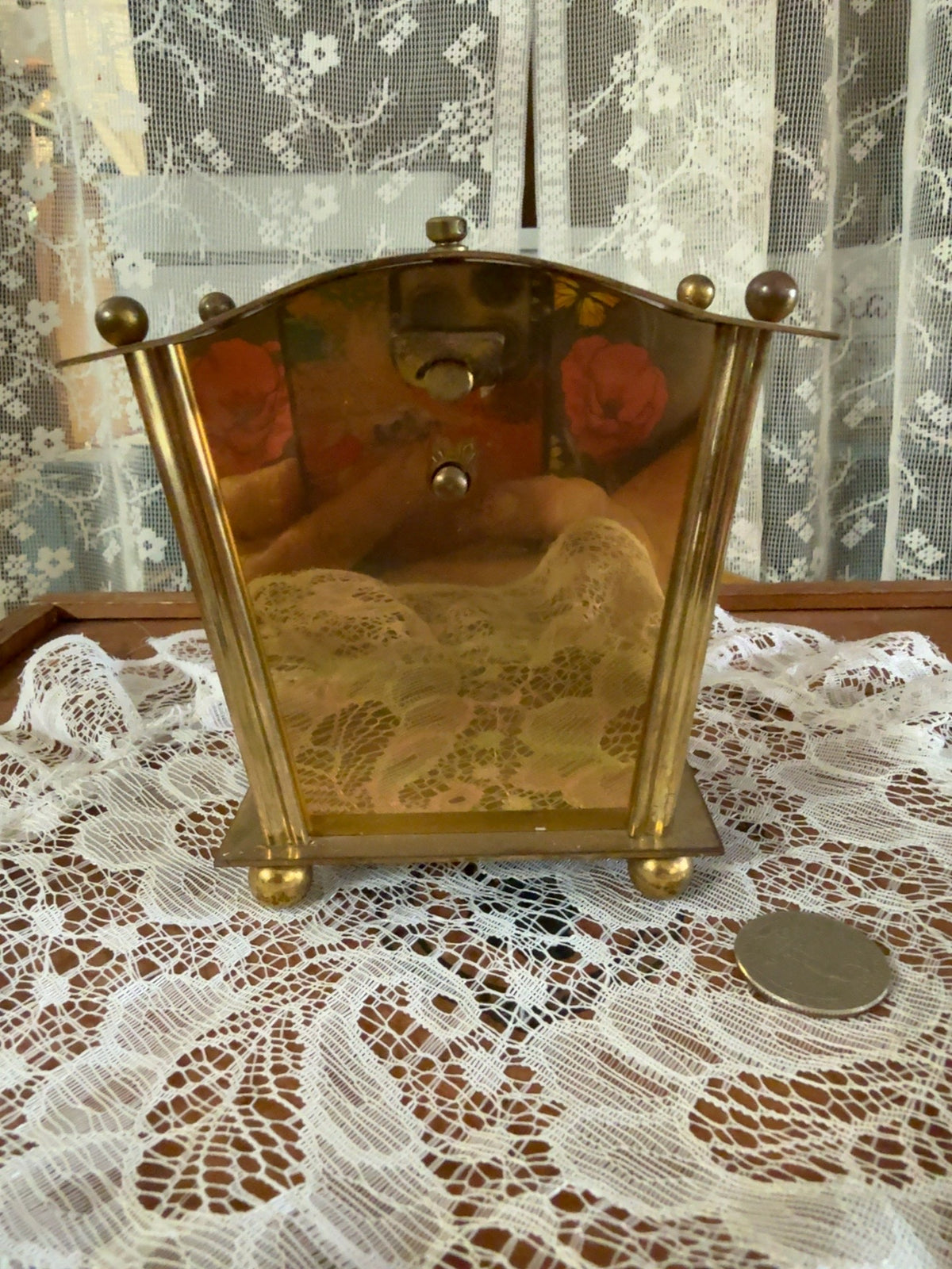 Vintage 8-Day Brass Anniversary Clock with Glass Panels and Rotating Pendulum