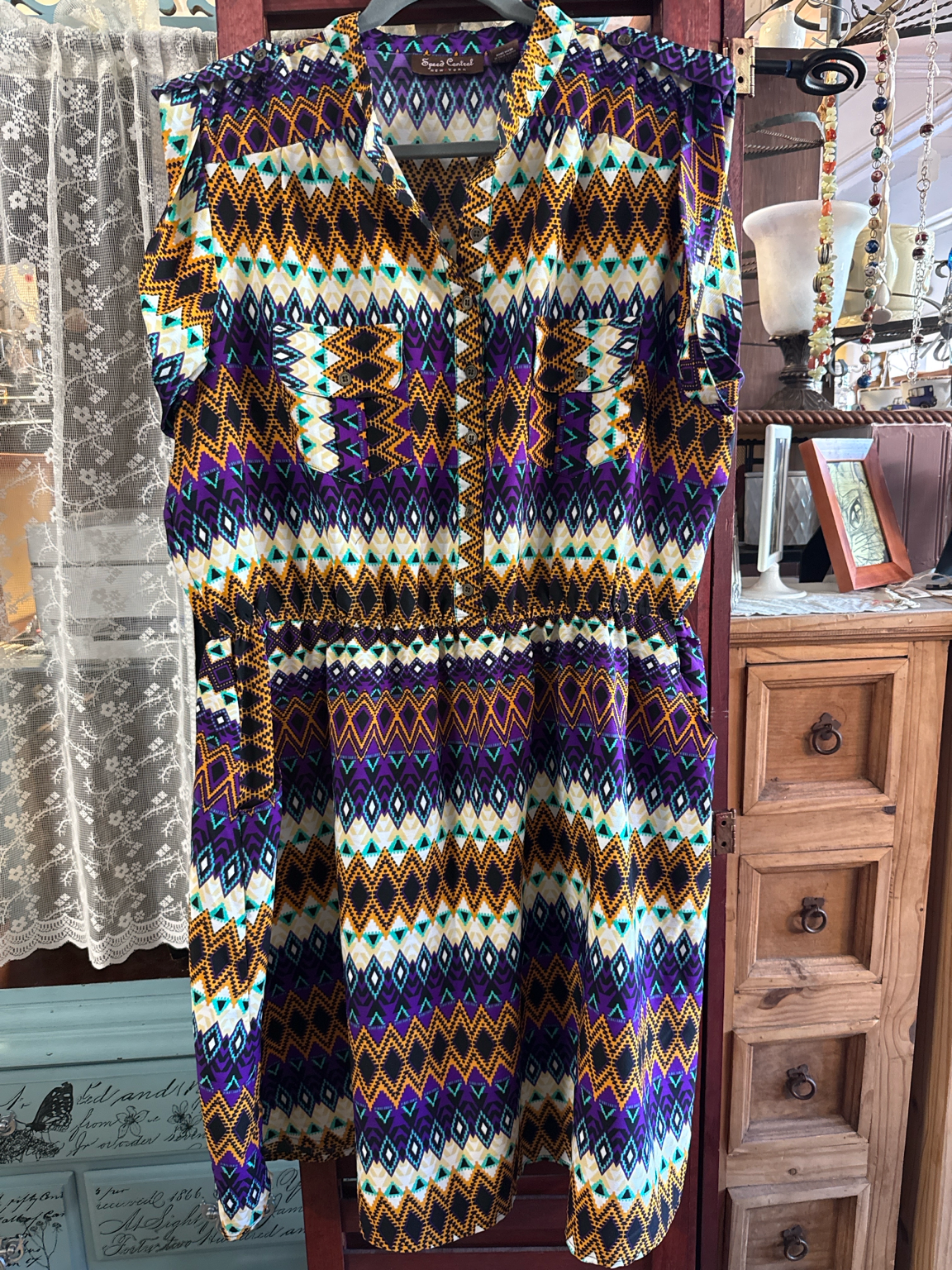 Speed Control New York Boho Geometric Shirt Dress | Women’s 3X | Multicolor Sleeveless Button Front Dress