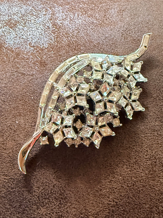 Silver-tone Leaf Brooch with Clear Rhinestones by Trifari
