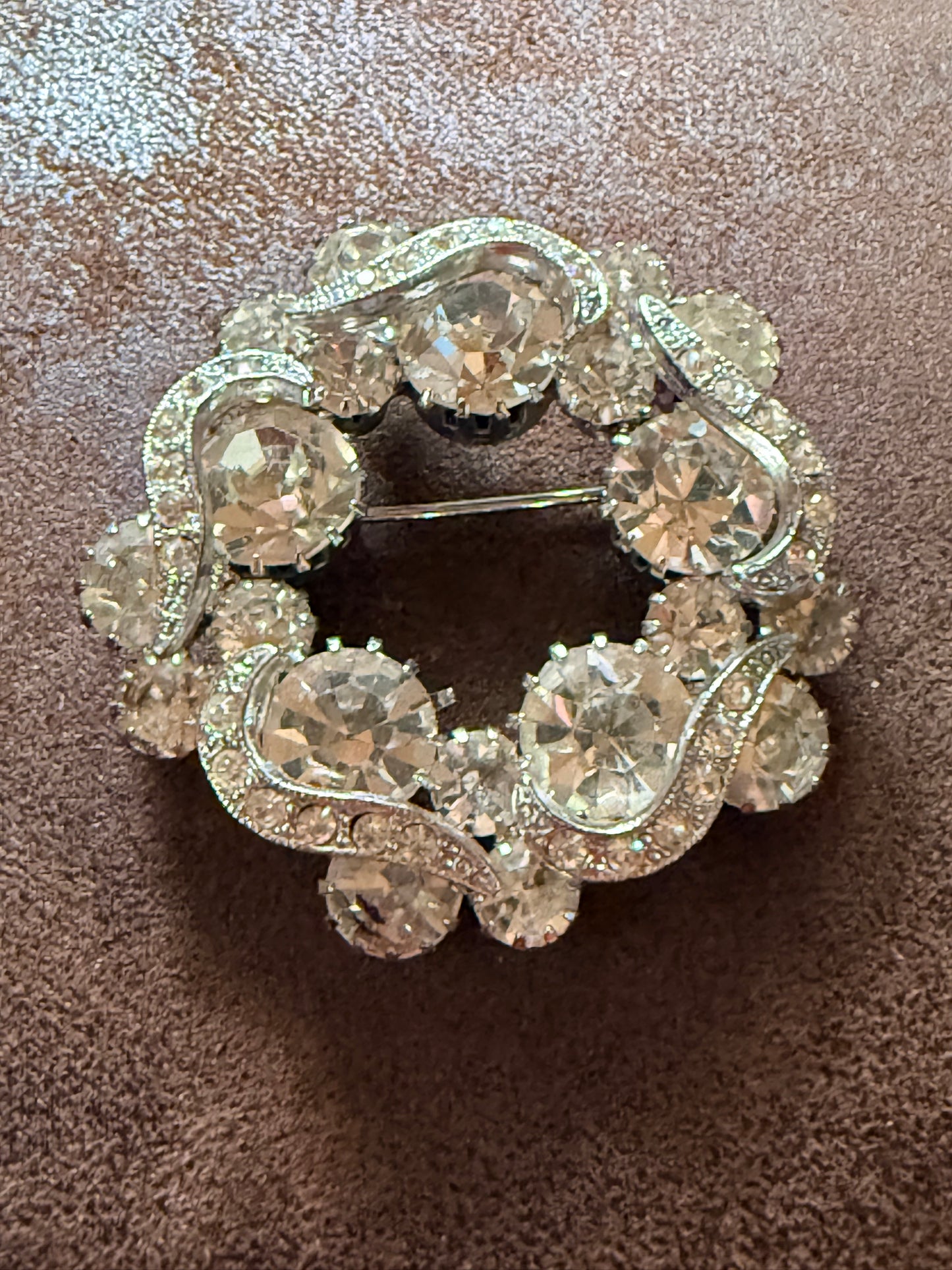 Vintage Eisenberg Rhinestone Wreath Brooch with Clear Crystals.