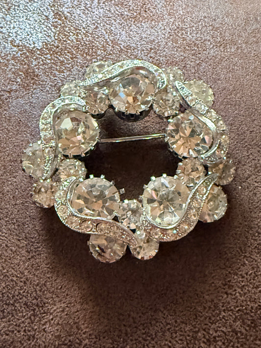 Vintage Eisenberg Rhinestone Wreath Brooch with Clear Crystals.