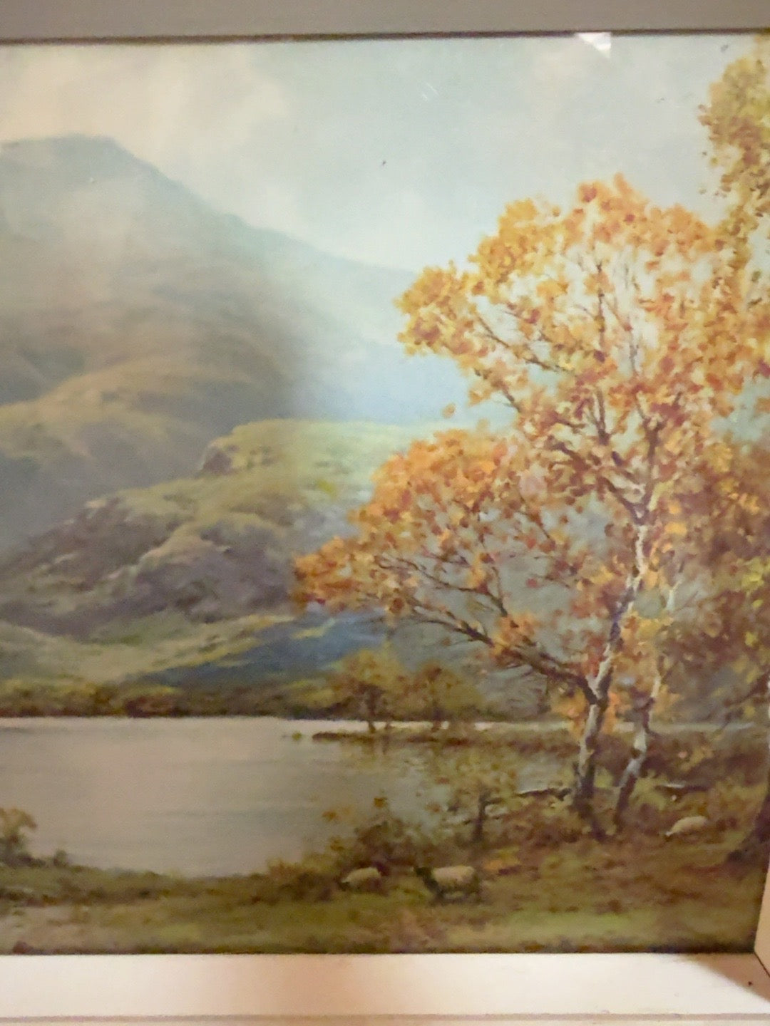 Vintage Framed Mountain Lake Landscape Print with Sheep