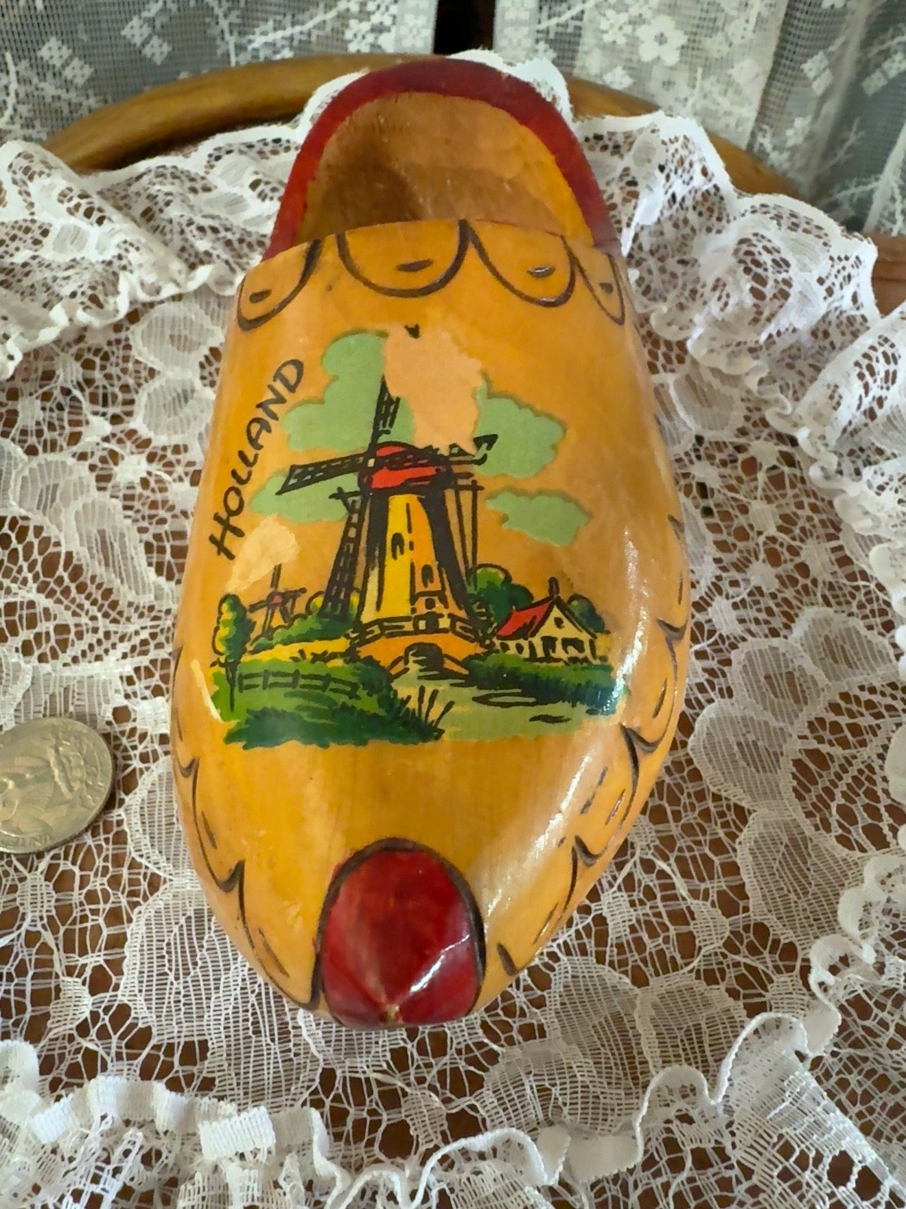 Vintage Hand-Painted Holland Wooden Clog Wall Pocket – Dutch Windmill Souvenir
