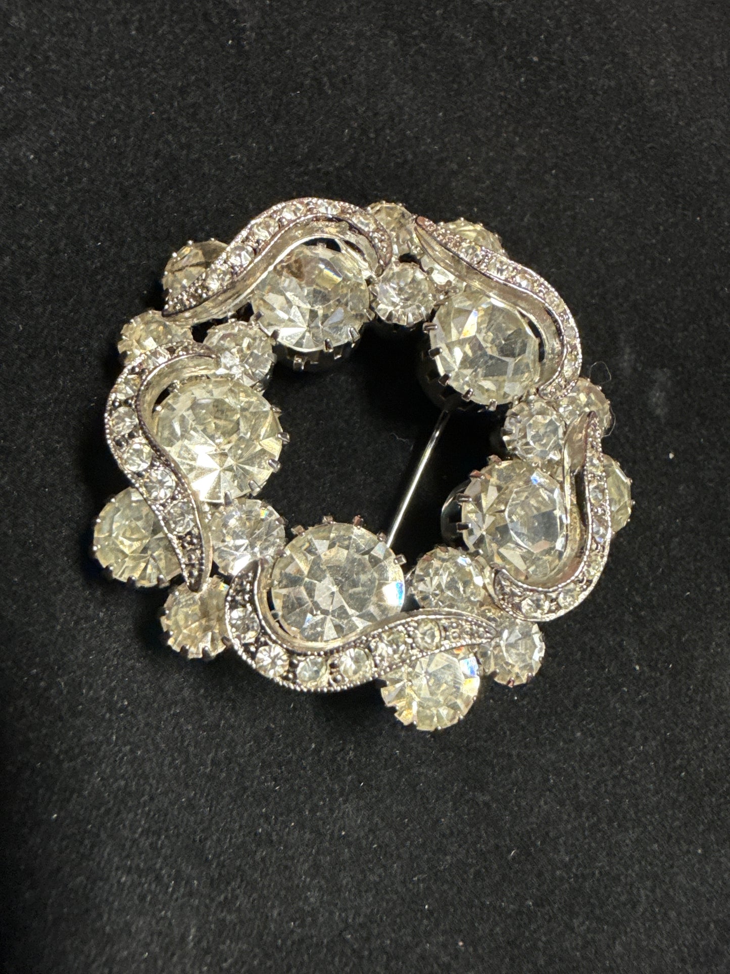 Vintage Eisenberg Rhinestone Wreath Brooch with Clear Crystals.