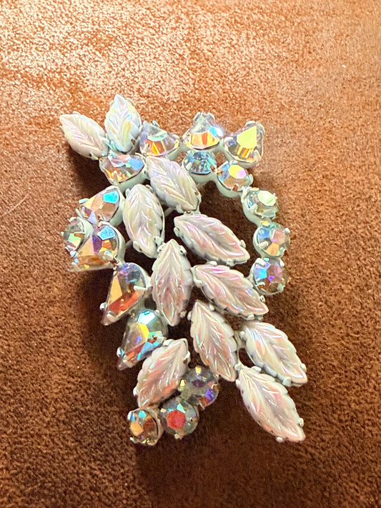Vintage Aurora Borealis Rhinestone and Iridescent Leaf Brooch