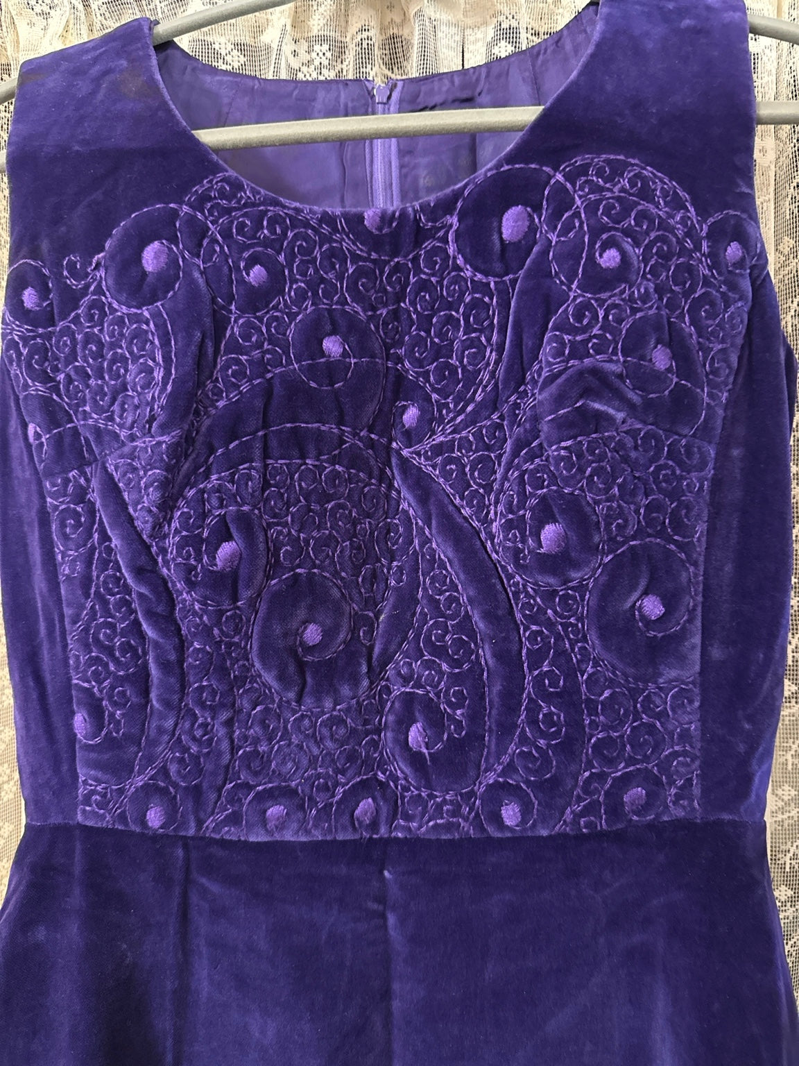 Vintage Royal Purple Velvet Maxi Dress | Embroidered Bodice | 100% Cotton | German Made
