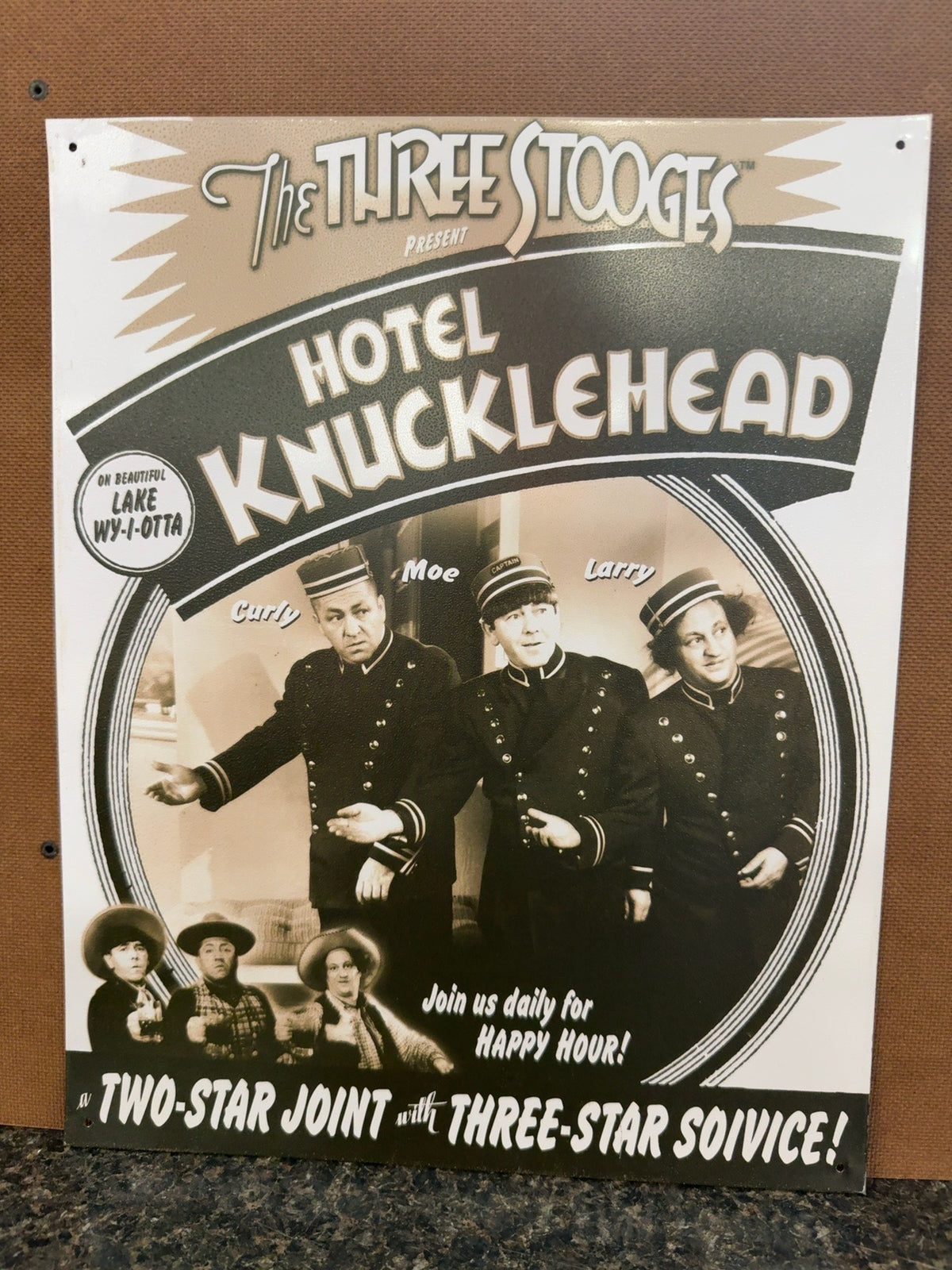 2003 Three Stooges Hotel Knucklehead Metal Sign Moe Larry Curly 12x15