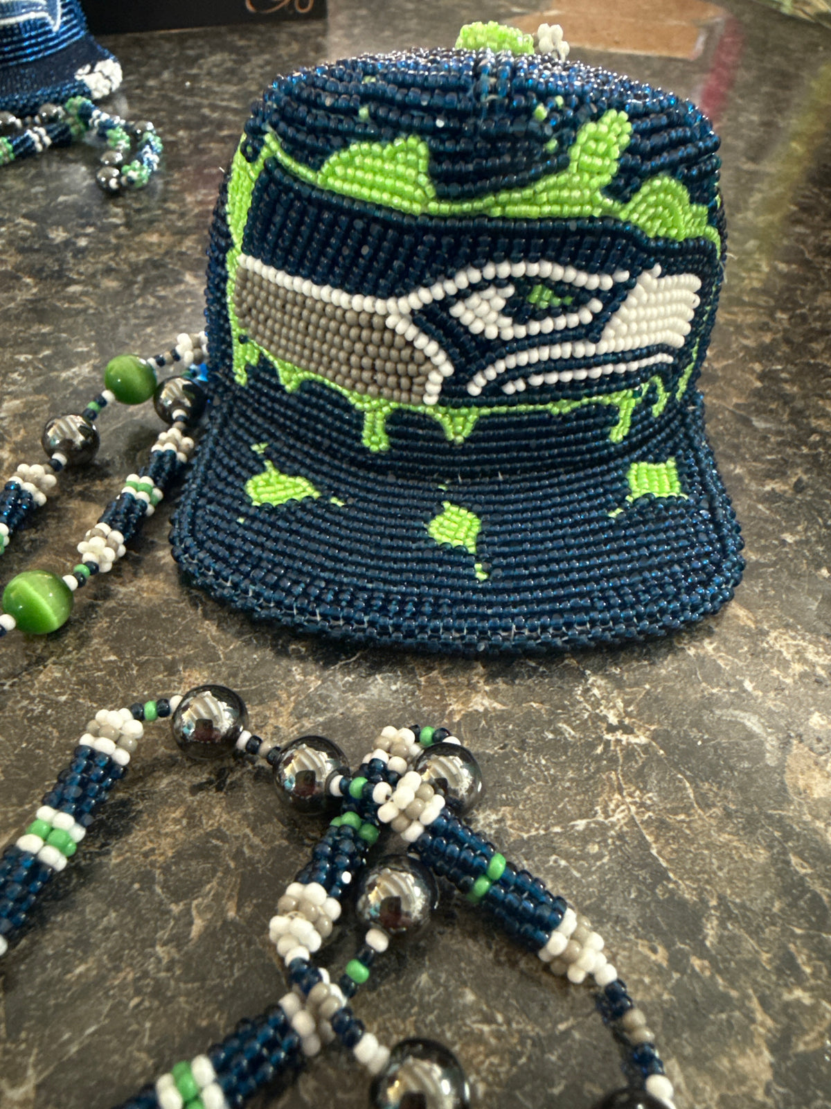 Hand Beaded Seattle Seahawk Hat Necklace