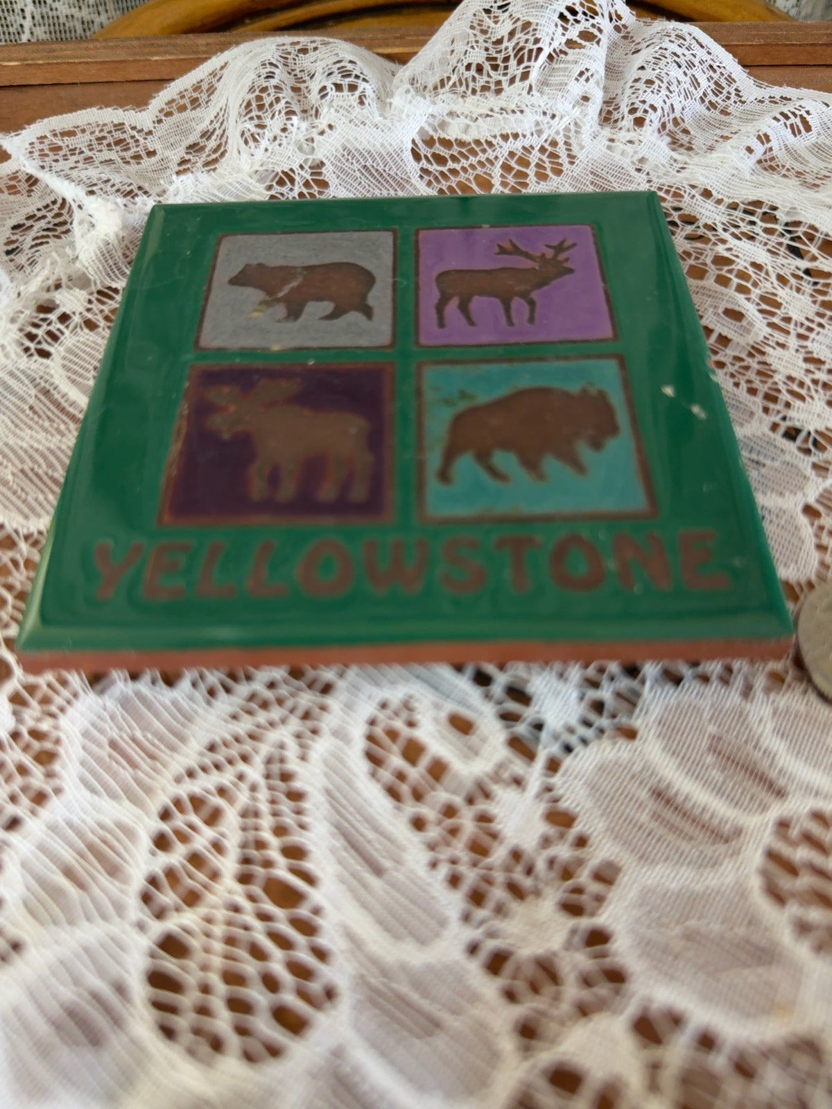 Vintage Masterworks Yellowstone Wildlife Ceramic Tile Trivet – Handcrafted in USA