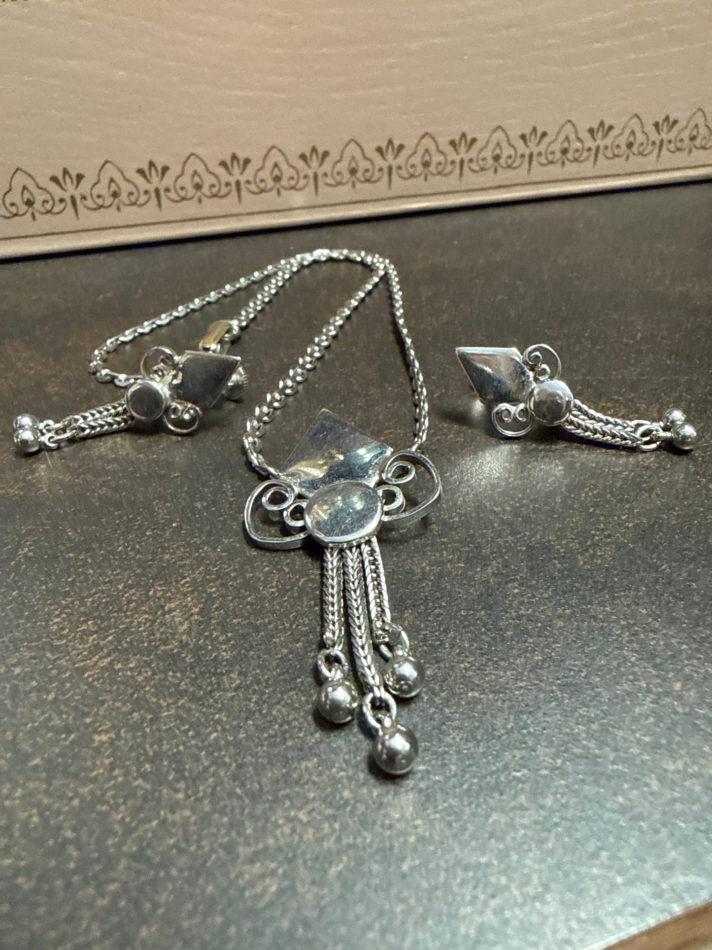 Vintage Silver-Tone Tassel Pendant Necklace and Matching Earrings Set