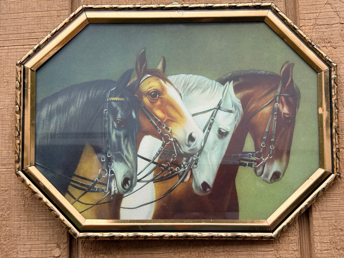 Vintage Mid-Century Four Horse Equestrian Print in Octagonal Gold-Tone Frame
