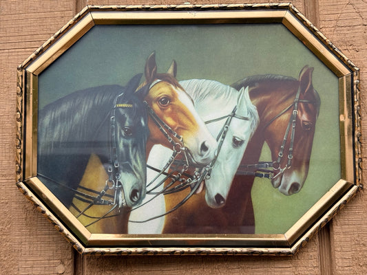 Vintage Mid-Century Four Horse Equestrian Print in Octagonal Gold-Tone Frame