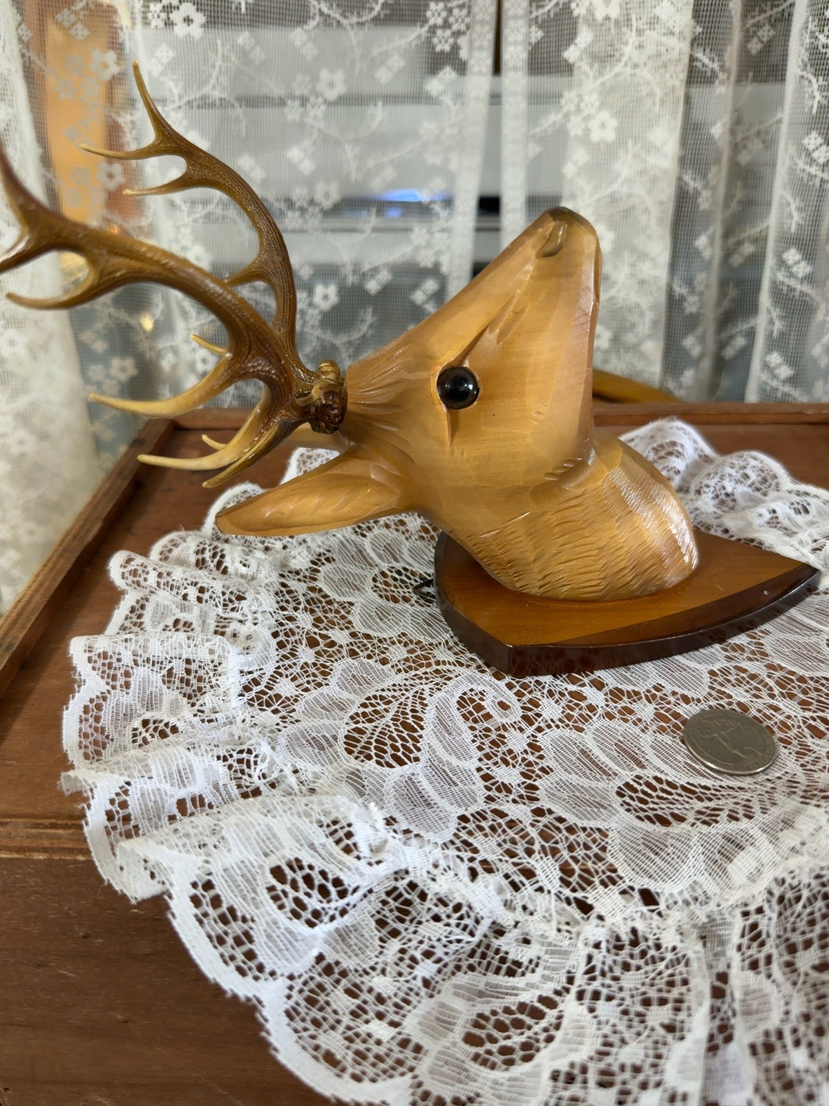 Small Vintage Hand-Carved Deer Head Wall Plaque with Antlers