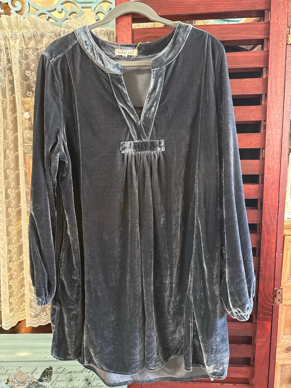 Indigo Soul Slate Blue Velvet Tunic Dress | Long Sleeve Empire Waist | Size 2XL