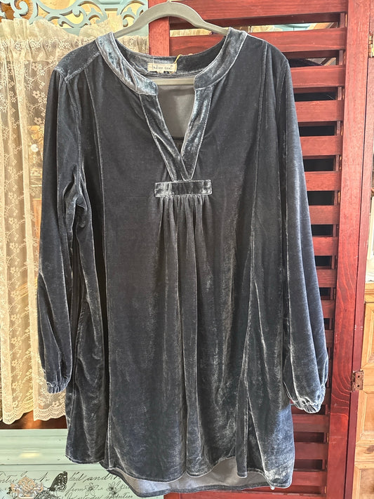 Indigo Soul Slate Blue Velvet Tunic Dress | Long Sleeve Empire Waist | Size 2XL
