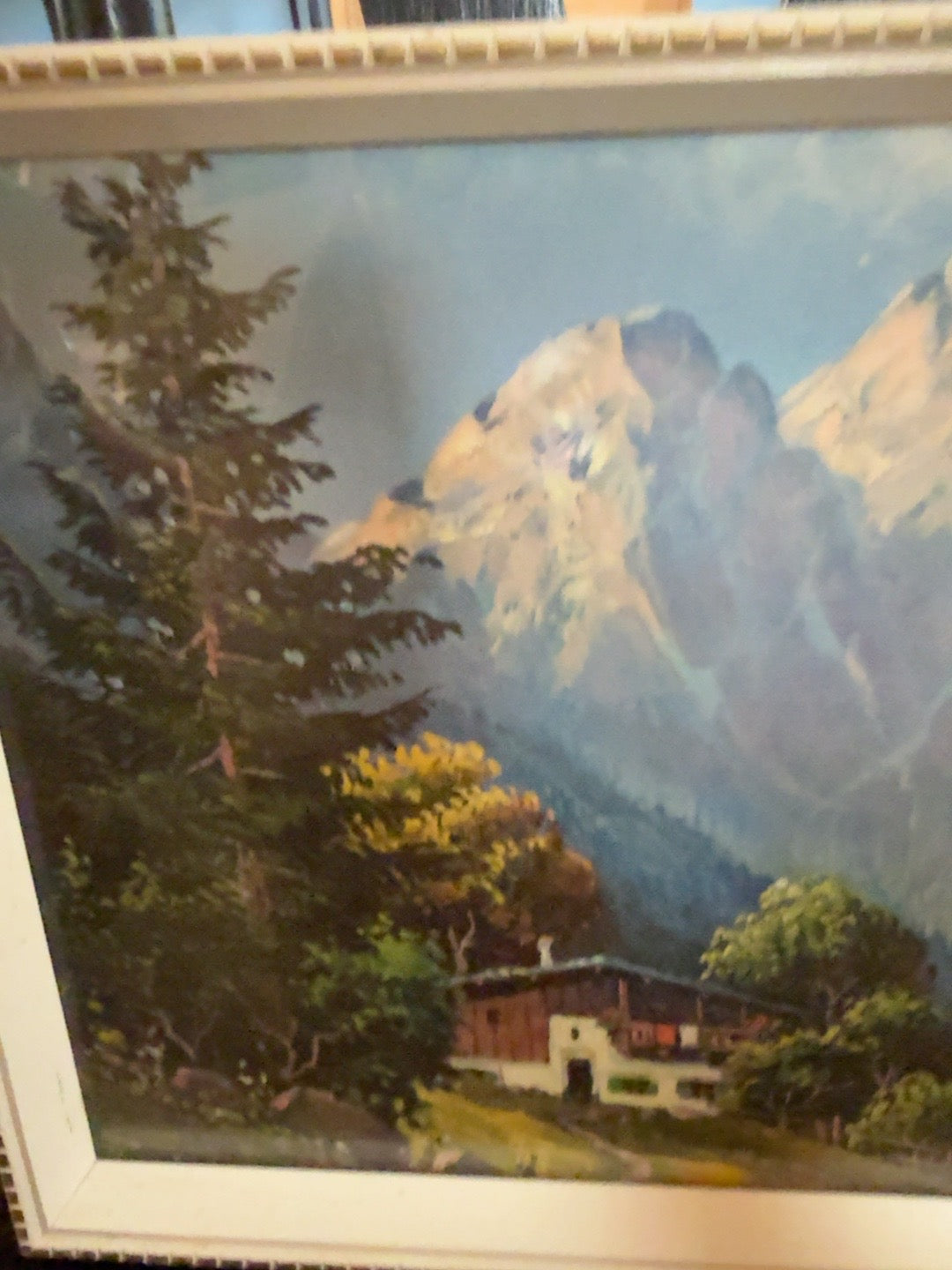 Vintage Framed Alpine Chalet Mountain Landscape Print