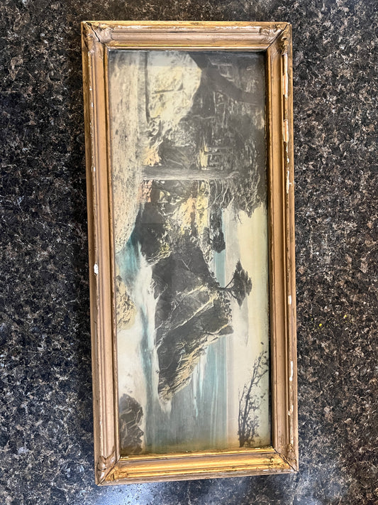 Worn Picture of Cliff and Ocean in an Antique Golden Frame