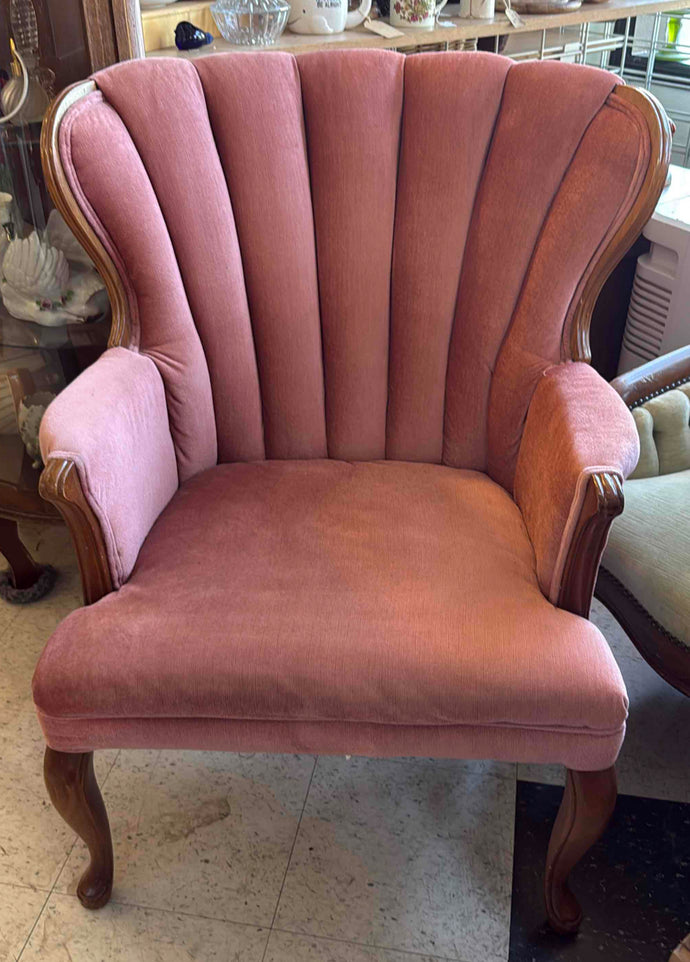 Mid-Century Pink Velvet Channel Back Chair