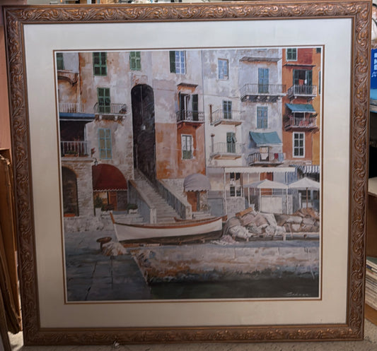 Framed Italian Riviera Coastal Painting from Late 20th Century