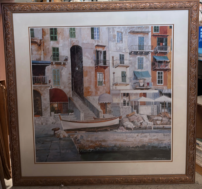 Framed Italian Riviera Coastal Painting from Late 20th Century