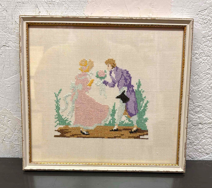 Framed needlepoint Victorian-era Courtship Scene.