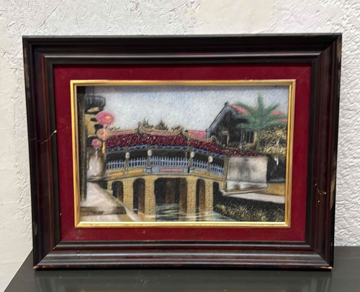 Framed Vintage Silk Embroidery Depicting a Pagoda Bridge