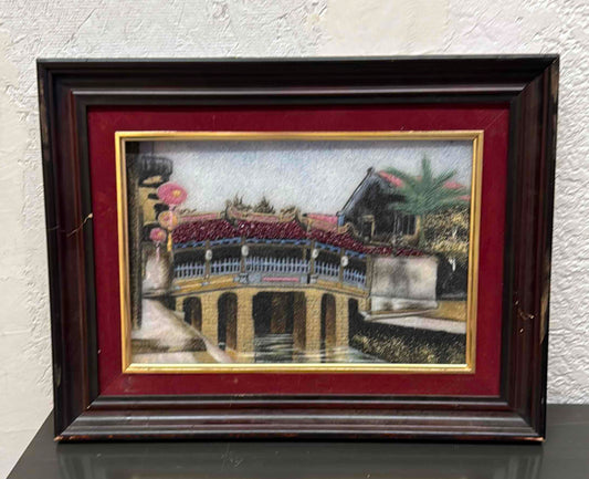Framed Vintage Silk Embroidery Depicting a Pagoda Bridge