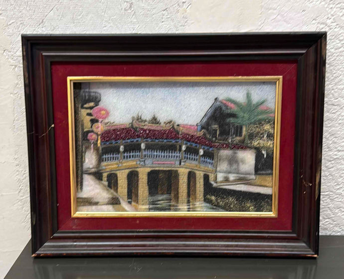 Framed Vintage Silk Embroidery Depicting a Pagoda Bridge