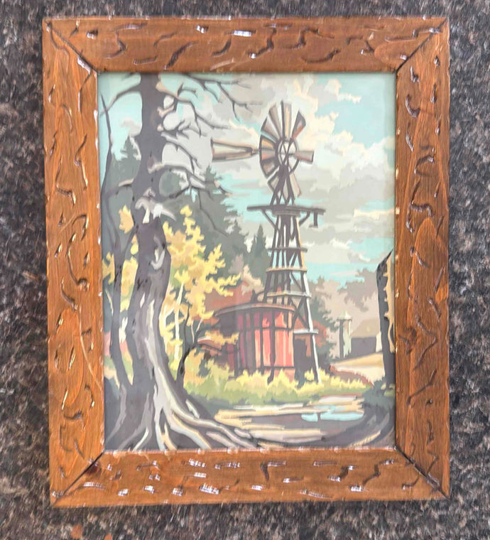Vintage 1970s Paint-by-Numbers Painting of a Farm Scene with Windmill