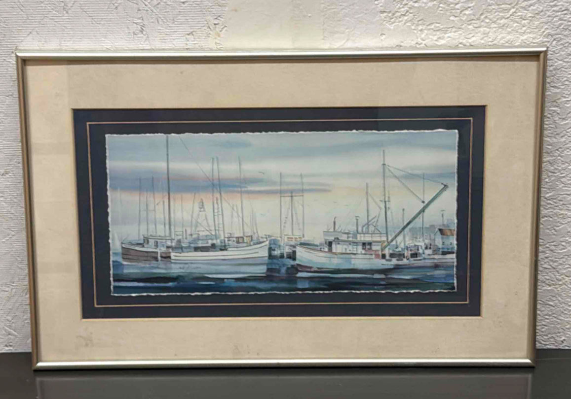 Late 20th Century Water Color of a Harbor with Boats