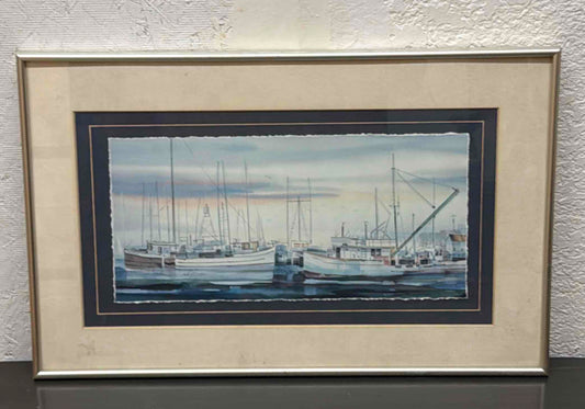 Late 20th Century Water Color of a Harbor with Boats