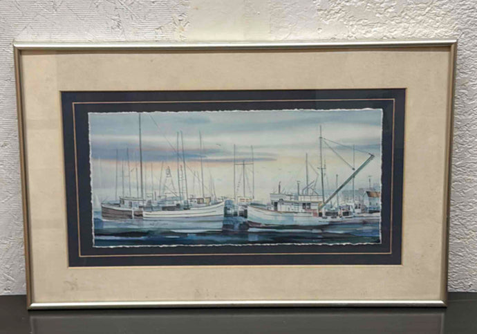 Late 20th Century Water Color of a Harbor with Boats
