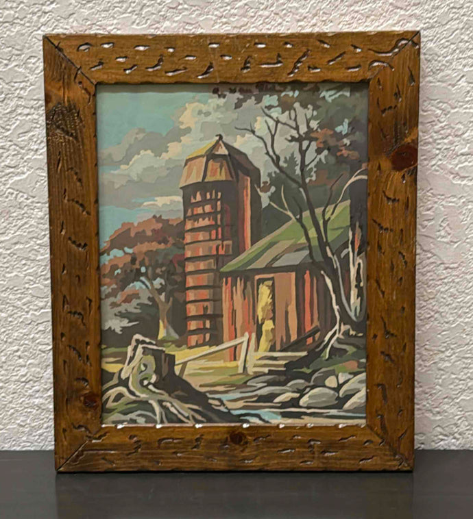 Vintage 1970s Paint-by-Numbers Painting of a Farm Scene