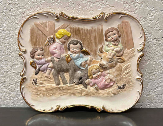 Vintage Alberta's Mold Ceramic Wall Plaque Featuring  Cherubic Figures and Animals