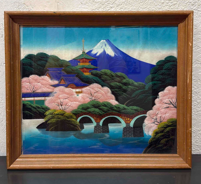 Vintage Japanese Landscape Painting of Mount Fuji