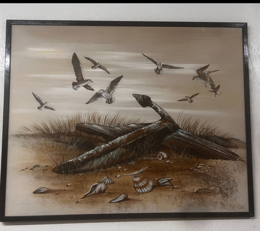 Mid-20th Century Coastal Scene Painting Anchor and Seaguls