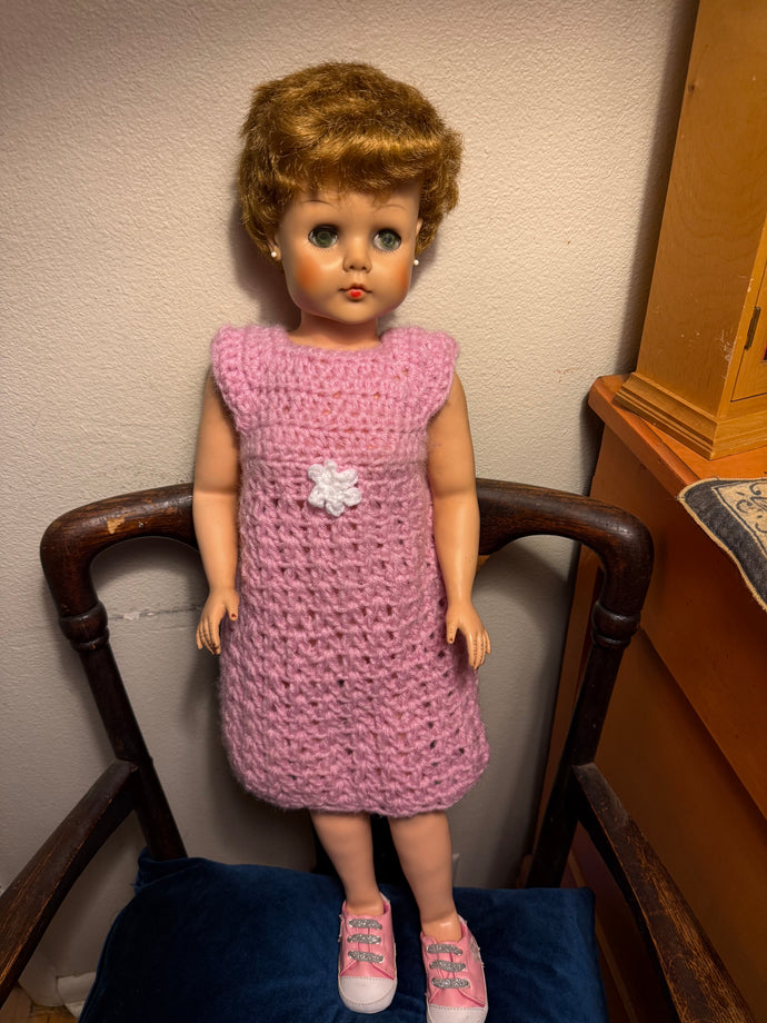 Vvintage Doll with a Pink Crocheted Dress and Shoes