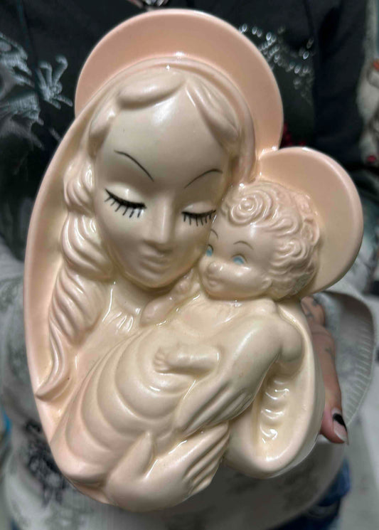 1950s Post War Hull Pottery Madonna and Child Planter Soft Pink