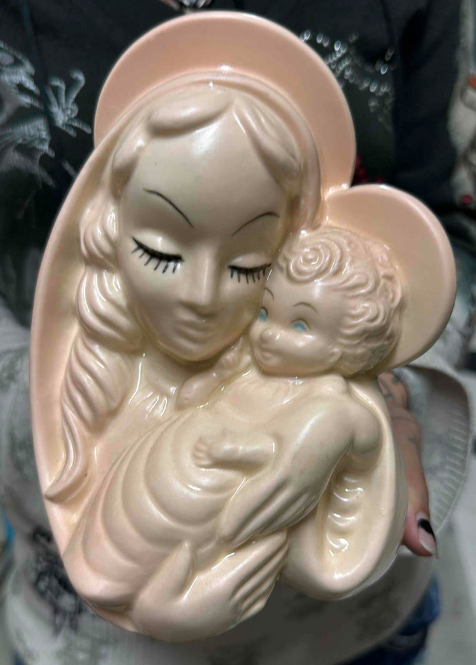 1950s Post War Hull Pottery Madonna and Child Planter Soft Pink